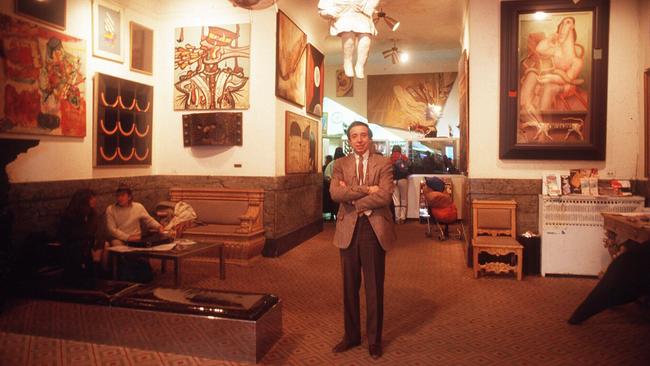 Stanley Bard in the art-filled lobby of infamous hotel.