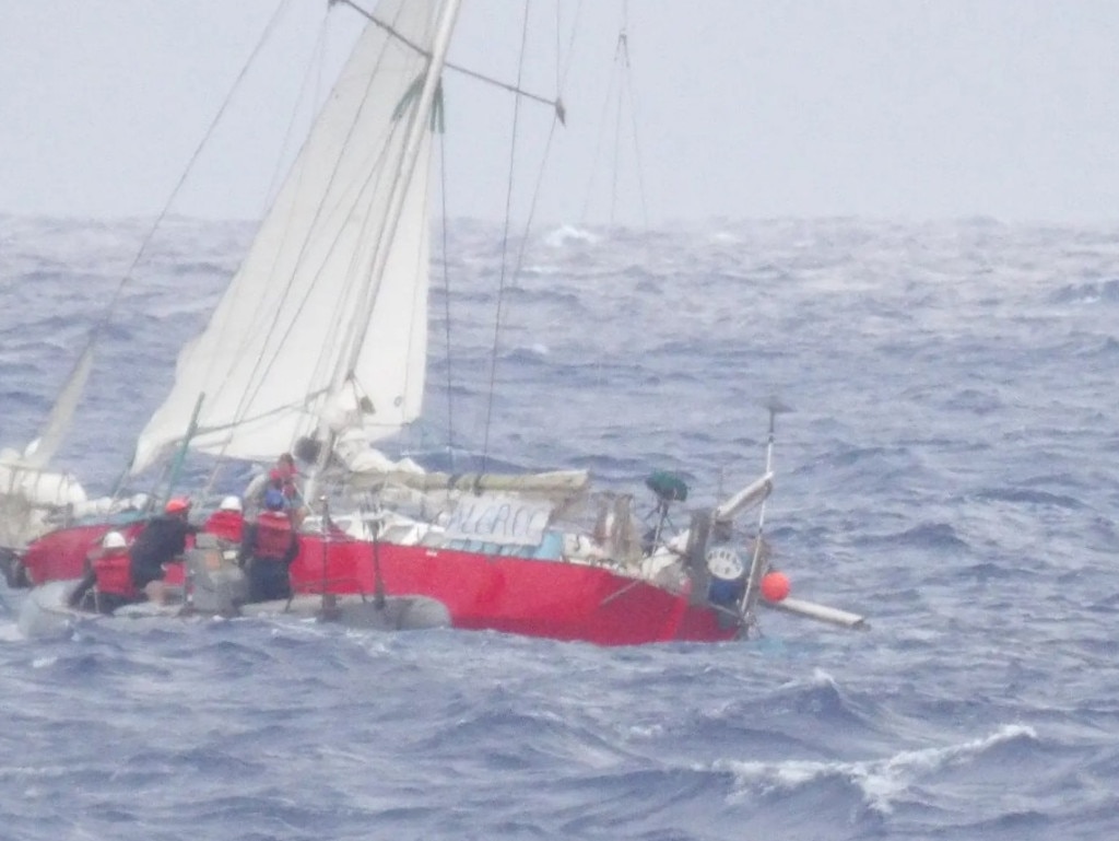 The United States Coast Guard and Navy rescued a mother and her 7-year-old child, along with their pet tortoise and cat, from a sailboat nearly 1500km off the coast of Hawaii. Picture: US Navy