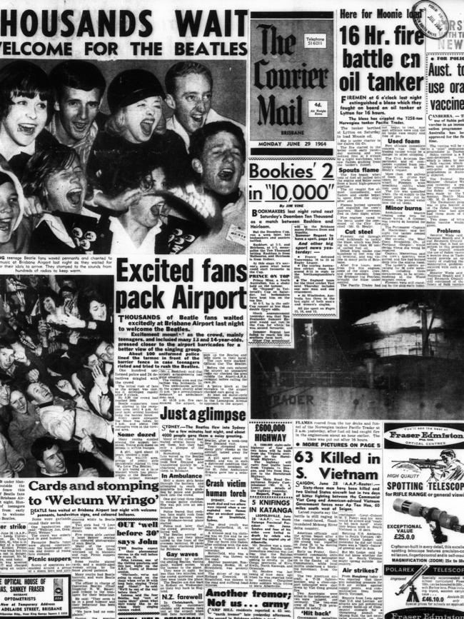 The Courier Mail - 29 June 1964 - front page - Beatles arrive in Brisbane excited fans. Picture: News Corp