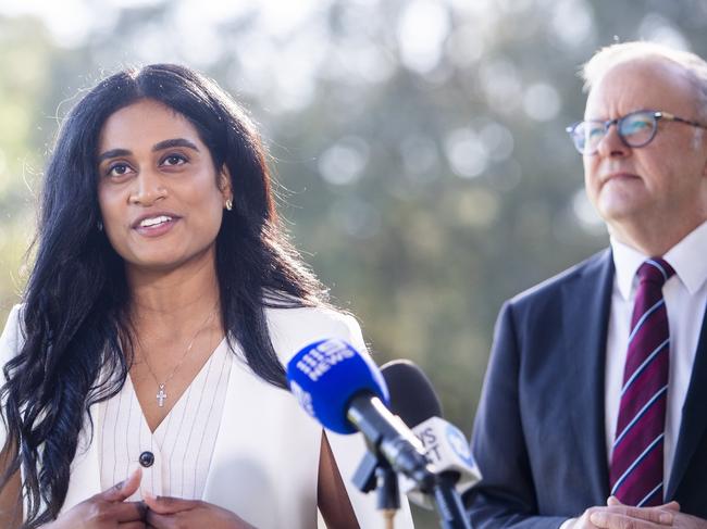 Prime Minister Anthony Albanese holds a press conference with the Federal Labor Candidate Barton Ashvini Ambihaipahar.Picture: Jeremy Piper