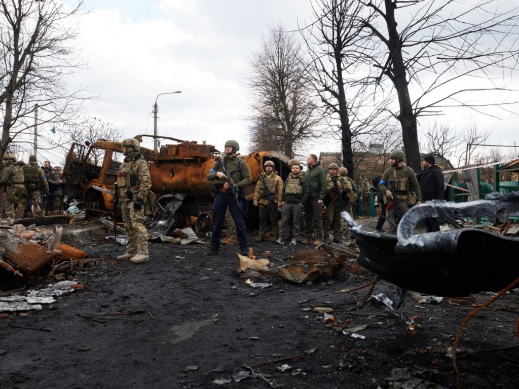 Ukrainian President Volodymyr Zelenskyy visits the town of Bucha, northwest of the Ukrainian capital Kyiv. Picture: AFP