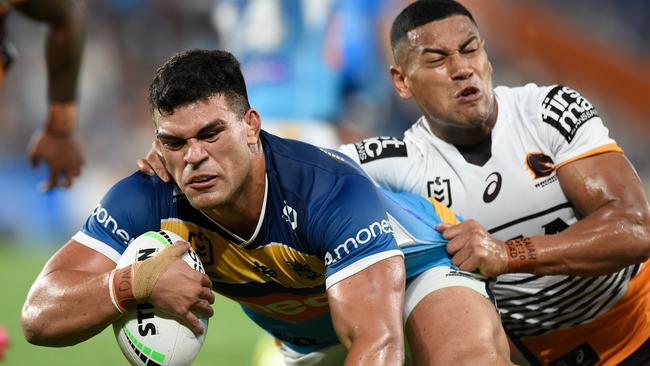 Titans hulk David Fifita score a try against the Broncos in round two. Picture: Matt Roberts/Getty Images