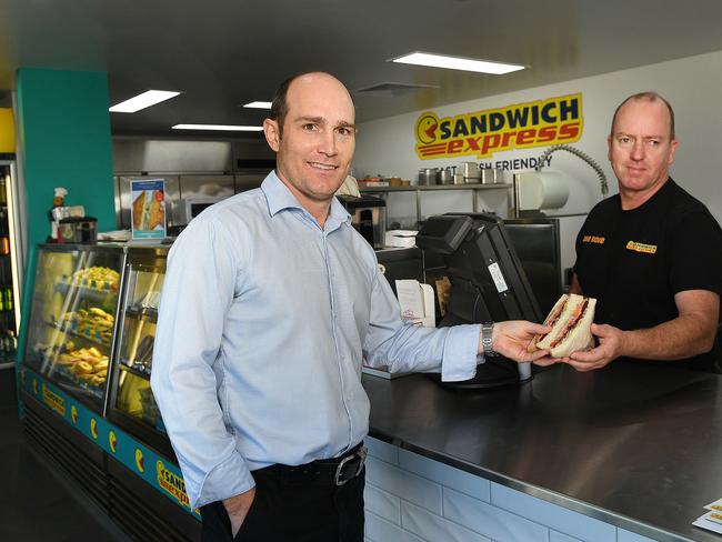 Colliers executive Shaun McLaren with Sandwich Express franchise owner David Maley at the new Cannon Park location. Picture: Shae Beplate.