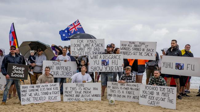 Workers from the Jewel development protesting at the Jewel International Kite Festival on Sunday at Surfers Paradise. Picture: Jerad Williams