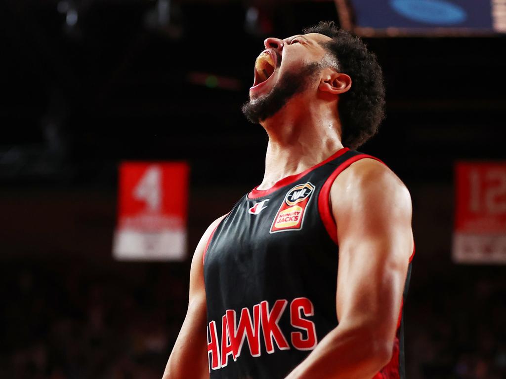 Tyler Harvey of the Hawks reacts during the NBL Semi Final Playoff Series match between Illawarra Hawks and Melbourne United. Picture: Jeremy Ng/Getty Images.