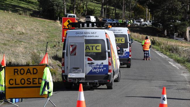 Wattle Grove Rd was closed after the double fatal Targa Tasmania crash this morning. Picture: Zak Simmonds