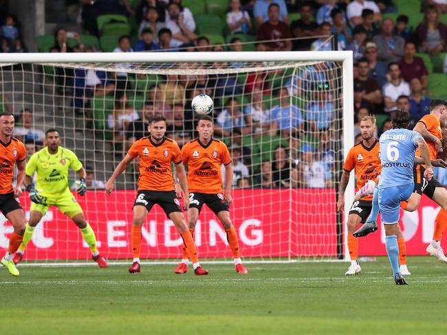 Joshua Brillante of Melbourne City scores during the Round 21 A-League match between the Melbourne City and the Brisbane Roar at AAMI Park in Melbourne, Sunday, March 1, 2020. (AAP Image/George Salpigtidis) NO ARCHIVING, EDITORIAL USE ONLY