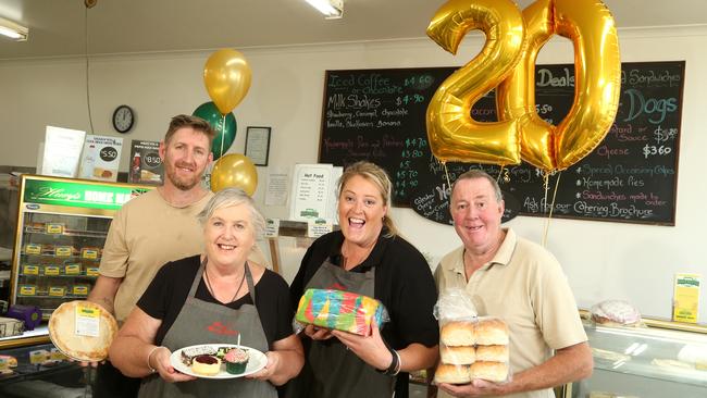 Glenn Hewitt, Gail Hewitt, Nicole Leyland and Gary Hewitt celebrate Huey's Bakehouse's 20th anniversary in 2020. Picture: Hamish Blair