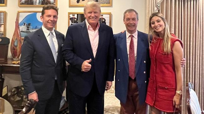 Holly Valance and her husband Nick Candy (left) dined with former US president Donald Trump and conservative former British politician Nigel Farage in 2022. Picture: X