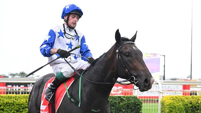 Defiant Spirit ridden by Robbie Dolan for Stuart Kendrick wins the QTIS Jewel Prelude 3YO Handicap over 1110m at Doomben on February 24, 2024. Picture: Grant Peters Trackside Photography.