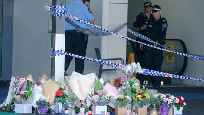 Flowers in tribute to Vyleen White, 70, of Redbank Plains, who was allegedly stabbed in the car park at Town Square Redbank Plains Shopping Centre. Picture: Glenn Campbell/NCA NewsWire