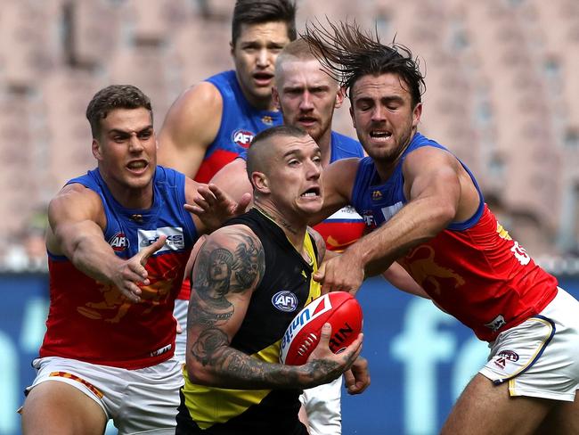 No matter the number of Lions, Dustin Martin was too good on Saturday. Pic: AAP