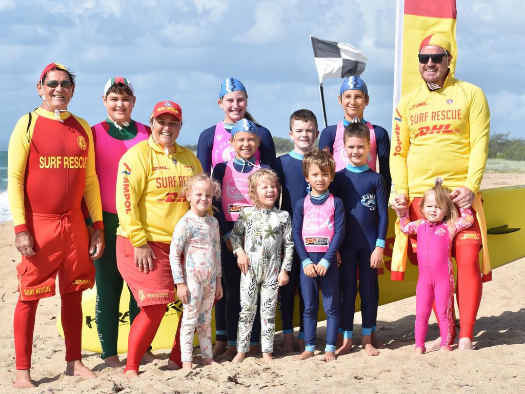 Eimeo and Mackay Surf Life Saving Club members (front) Michal Blair, Mikaere Blair, Angela Blair, Zara Richardson, Isabelle Malouf, Rhys Phegan, Owen Malouf, Luke Phegan, Tom McMillan. (Back) Freya Richardson, Asher Richardson, Archer Malouf and Zoe McMillan at Mackay Harbour Beach on April 14, 2022. Picture: Lillian Watkins