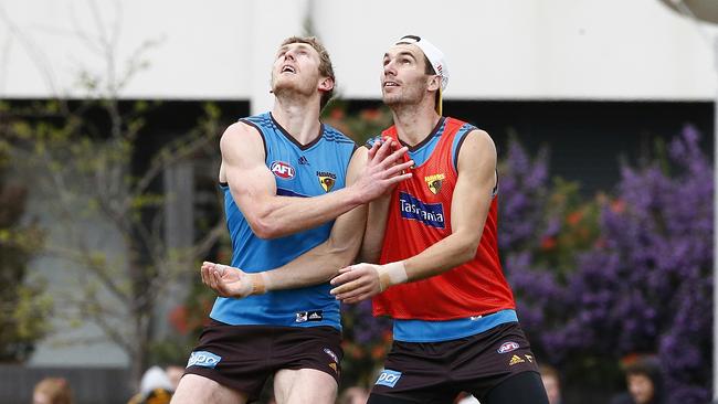 Ben McEvoy and Jon Ceglar at Hawks training in Grand Final week in 2014.