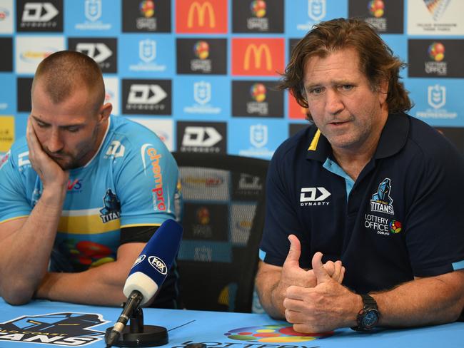 Gold Coast Titans coach Des Hasler with Kieran Foran.