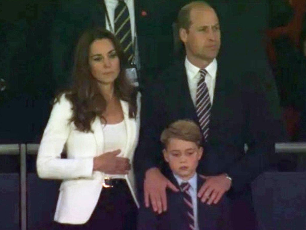 Prince George, Prince William and Kate Middleton after England lost football final. Picture: BBC