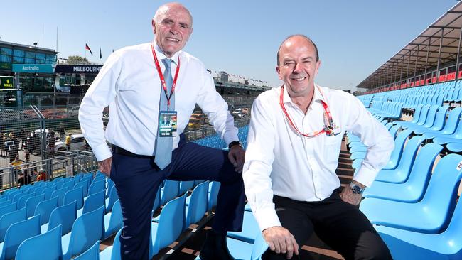 Grand Prix Corporation chairman Paul Little and CEO Andrew Westacott before they were forced to cancel the 2020 Aus Grand Prix. Picture: David Geraghty