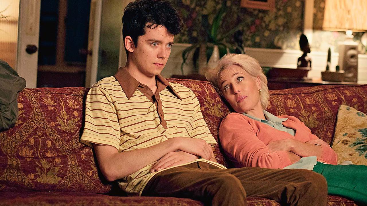 Gillian Anderson and Asa Butterfield in Sex Education.
