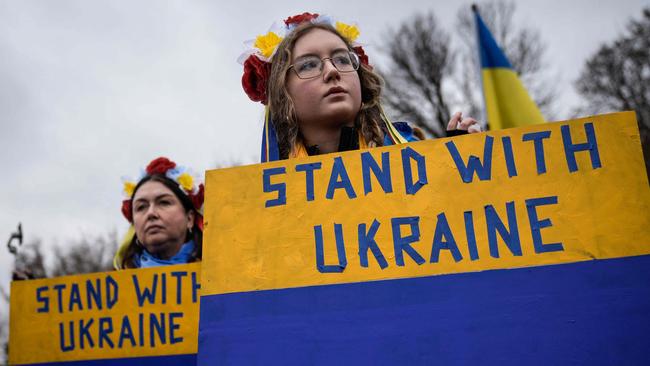 US supporters of Ukraine and members of the Ukrainian community hold a rally to mark the one-year anniversary of Russia's invasion of Ukraine, near the Lincoln Memorial in Washington. Picture: Getty Images via AFP.