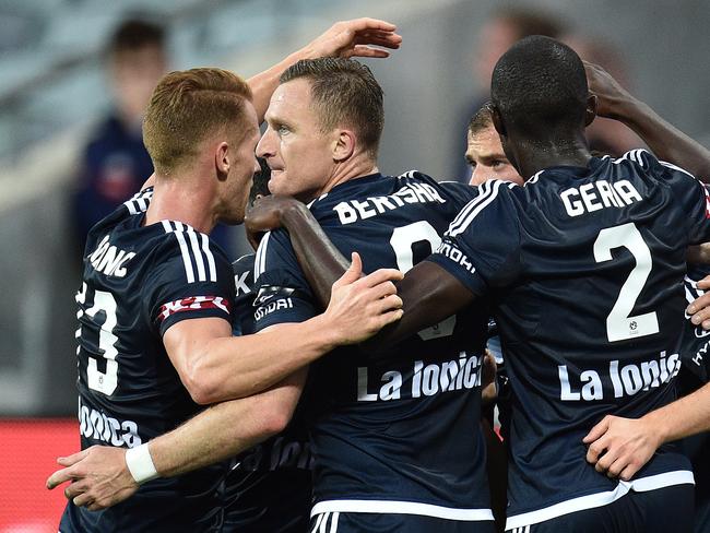 Melbourne Victory players react after Marco Rojas scored. Picture: AAP