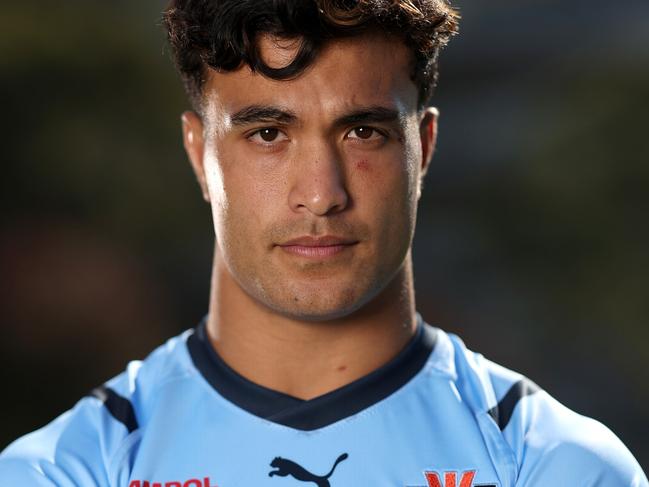 Joseph-Aukuso Suaalii of the Blues poses during a New South Wales Blues State of Origin media opportunity. Picture:Matt King/Getty Images