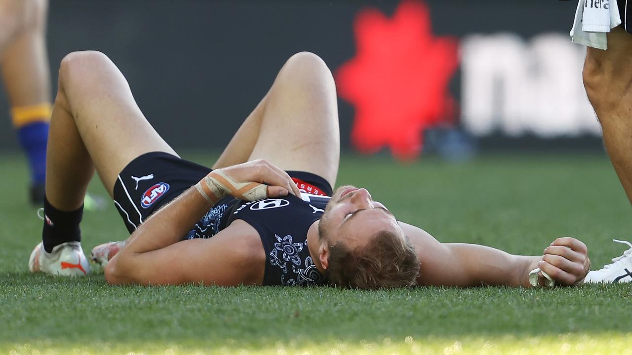 Harry McKay was subbed out after his head crashed into the SCG turf. Picture: Getty Images