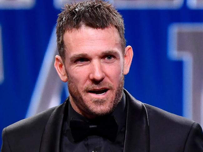 MELBOURNE, AUSTRALIA - JUNE 18: Dane Swan, AFL Hall of Fame Inductee addresses the room during the Australian Football Hall of Fame at Centrepiece on June 18, 2024 in Melbourne, Australia. (Photo by Josh Chadwick/AFL Photos/via Getty Images)