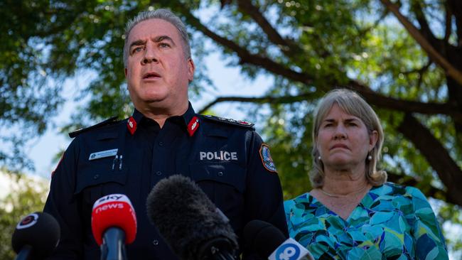 Northern Territory Police Commissioner Michael Murphy and Northern Territory Chief Minister Eva Lawler at the press conference in Alice Springs. Picture: Pema Tamang Pakhrin