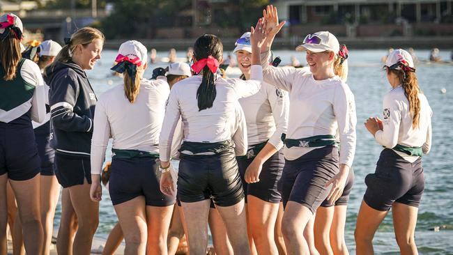 Seymour College girls celebrate the 2020 Head of the River. Picture: Mike Burton