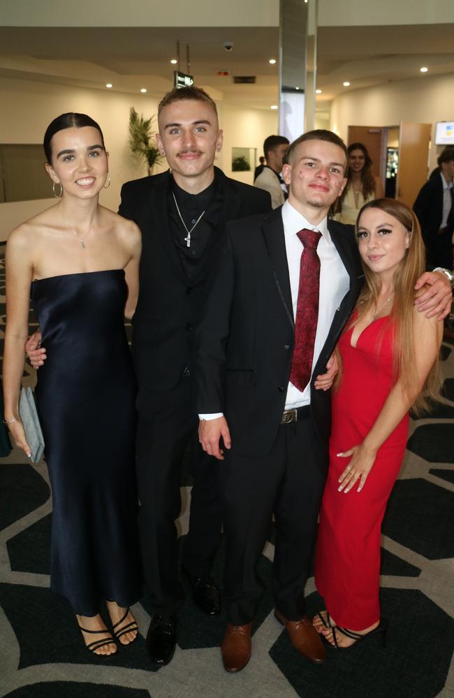 Sasha Carter, Mark Pearce, Crispin Jackson and Halle Knox at the Australian Industry Trade College 2024 formal at the Maroochy RSL.