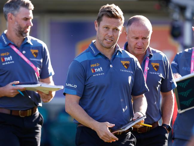 LAUNCESTON, AUSTRALIA - APRIL 23: Sam Mitchell, Senior Coach of the Hawks addresses his players during the 2023 AFL Round 06 match between the Hawthorn Hawks and the Adelaide Crows at UTAS Stadium on April 23, 2023 in Launceston, Australia. (Photo by Michael Willson/AFL Photos via Getty Images)