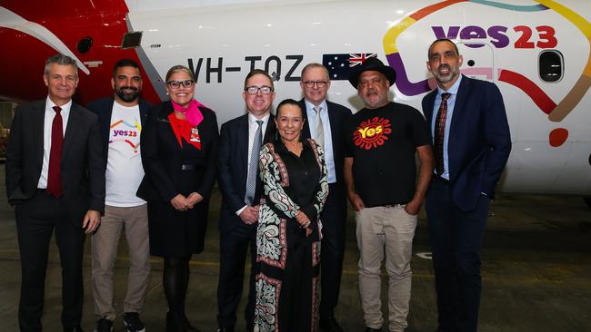 Dean Parkin, Qantas Chair of First Nations Network Fran Grant, Qantas CEO Alan Joyce, Prime Minister, Anthony Albanese and Minister Linda Burney, Noel Pearson and Adam Goodes at the launch of the Qantas 'Yes' Campaign in Sydney. Picture: NCA Newswire / Gaye Gerard