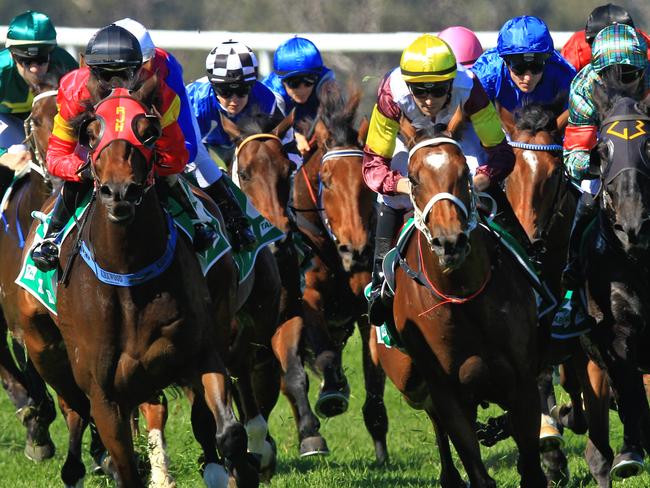 Loving home ridden by Tye Angland  (yellow cap, maroon with yellow armbands) wins race 1 during Scone  Races located in the Upper Hunter Region of NSW. The Bend . Pic Jenny Evans