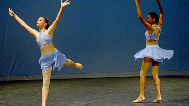 Isabella O'Donnell and Ailia Dow in Section 67 - Contemporary/Free movement/Modern Epressive duo/trio 13 yrs and over. Picture: Jann Houley
