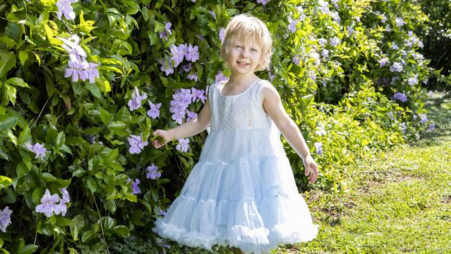 Three-year-old Evelyn Bayliss at her Browns Plains home. Picture: Richard Walker