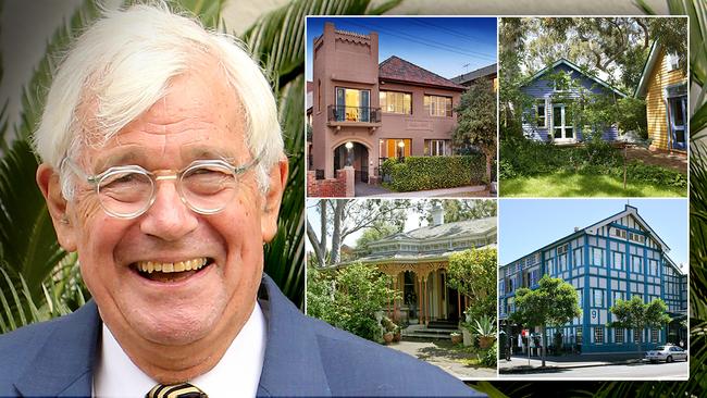 The Greens' Kooyong candidate Julian Burnside and (inset) two of his luxurious properties.