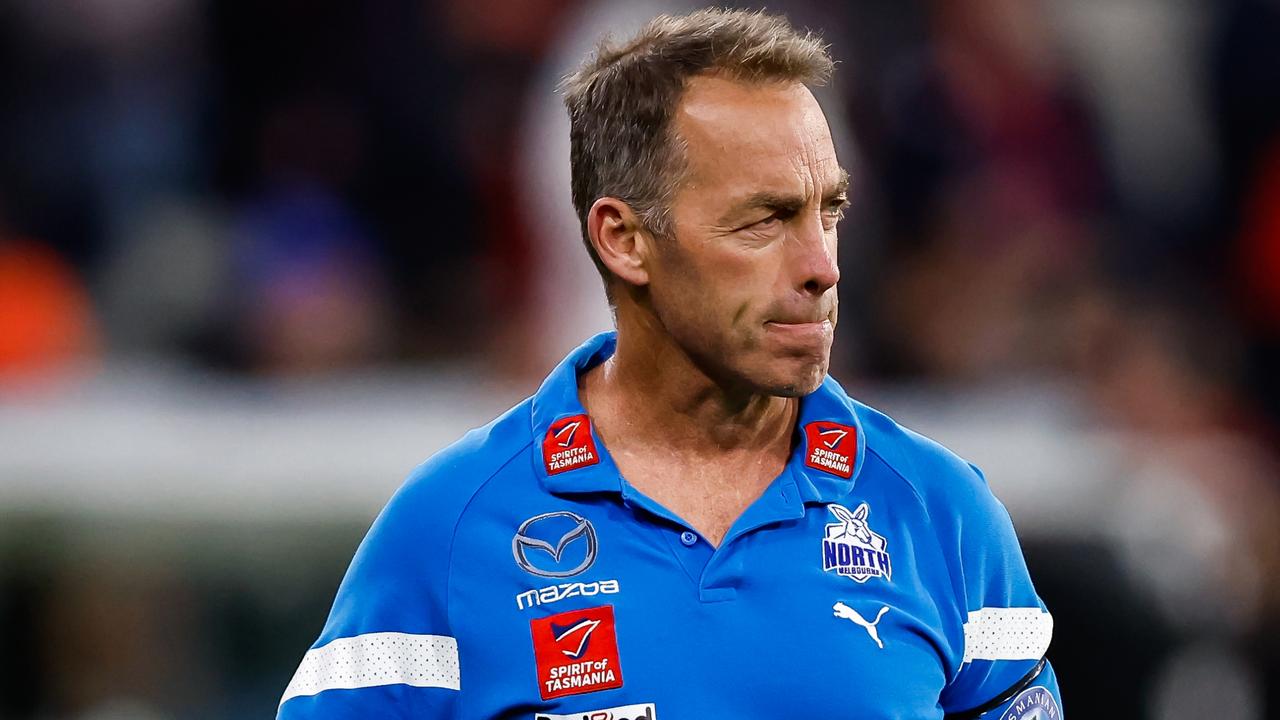 MELBOURNE, AUSTRALIA - APRIL 29: Alastair Clarkson, Senior Coach of the Kangaroos leaves the field at half time during the 2023 AFL Round 07 match between the Melbourne Demons and the North Melbourne Kangaroos at the Melbourne Cricket Ground on April 29, 2023 in Melbourne, Australia. (Photo by Dylan Burns/AFL Photos via Getty Images)