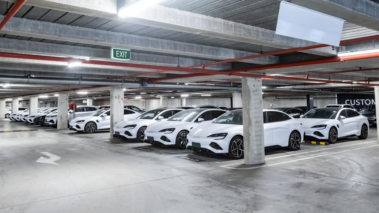 BYD electric cars ready for delivery in Sydney. Photo: Thomas Wielecki