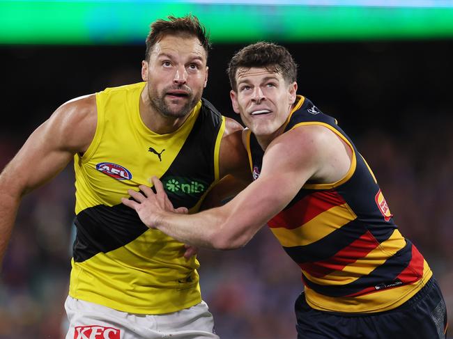 Toby Nankervis cashed in on Adelaide’s ruck issues. Picture: James Elsby/AFL Photos via Getty Images