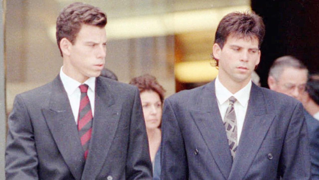 Erik and Lyle Menendez leave the memorial service for their slain parents in August, 1989, in Los Angeles. Picture: Ap