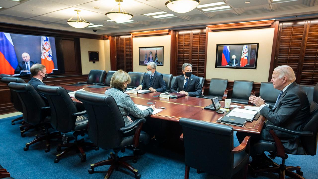 Joe Biden speaks with Vladimir Putin in a video conference. Picture: Handout / The White House / AFP