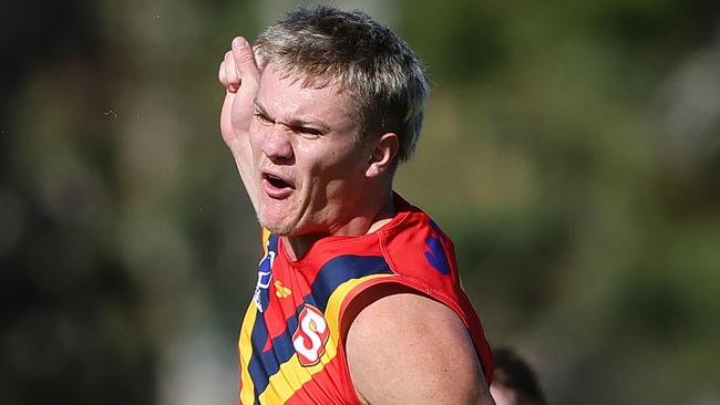 ADELAIDE, AUSTRALIA - MAY 26: Tyler Welsh of South Australia celebrates the winning goal during the 2024 Marsh AFL Championships U18 Boys match between South Australia and Allies at Thebarton Oval on May 26, 2024 in Melbourne, Australia. (Photo by Sarah Reed/AFL Photos via Getty Images)