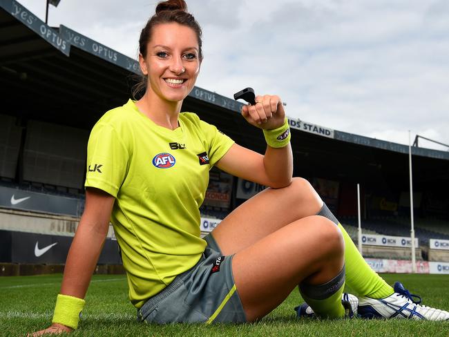 AFL's first female umpire Eleni Glouftsis at IKON Park. Picture: Josie Hayden