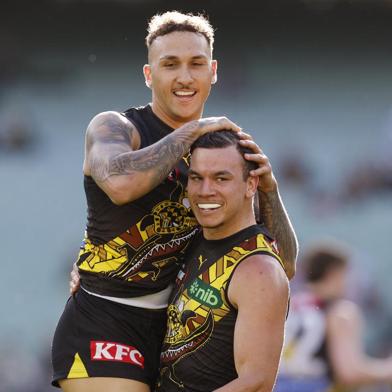 Fremantle has confirmed new recruit Shai Bolton will play for the Indigenous All-Stars in the February clash, which would immediately reunite him with former Tiger Daniel Rioli (right). Picture: Michael Klein