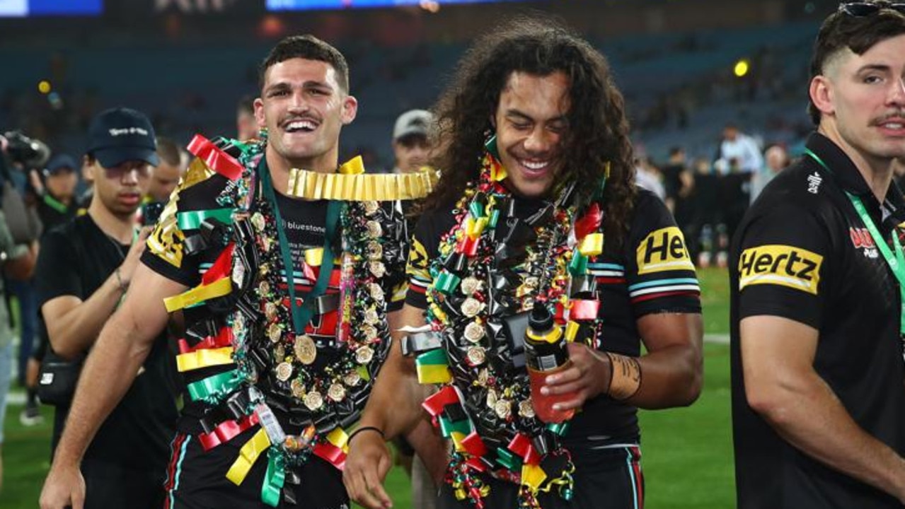 Cleary and Luai celebrate their 2023 grand final win. Picture: NRL Images