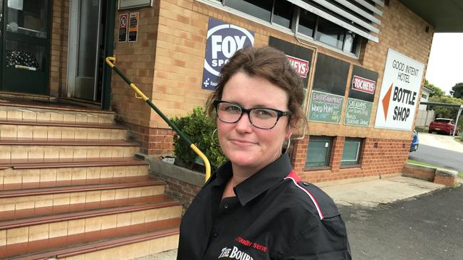 GI Hotel bar attendant Vanessa Young takes a break after she confronted a man stealing from the till at the hotel on Friday.