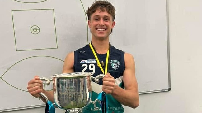 Taj Wyburd with the 2024 WAFL premiership cup. He has signed with Ocean Grove.