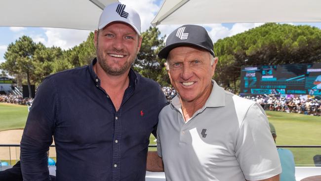 February 15, 2025: Deputy Leader of the Victorian Liberal Party Sam Groth with Greg Norman at Liv Golf Adelaide. Picture: Kelly Barnes