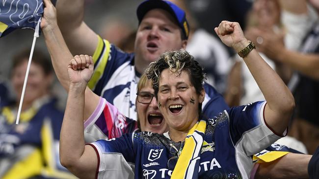 TOWNSVILLE, AUSTRALIA - SEPTEMBER 14:  Cowboys fans show their support during the NRL Qualifying Final match between North Queensland Cowboys and Newcastle Knights at Queensland Country Bank Stadium on September 14, 2024 in Townsville, Australia. (Photo by Ian Hitchcock/Getty Images)