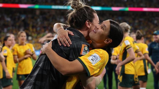 Mackenzie Arnold and Sam Kerr of Australia celebrate. Photo by Elsa - FIFA/FIFA via Getty Images.